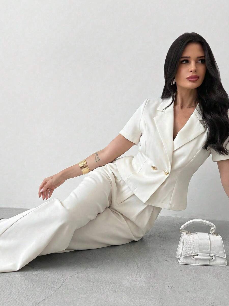 Firerie Bộ đồ vest thường ngày ve áo cổ bẻ tay ngắn hai hàng khuy trơn màu dành cho nữ và quần ống rộng - Màu be - Xem 1