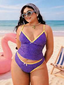 Swim Mod 2026 New Plus Size Women 2 Pieces Geometric Print Fashionable Casual Swimwear, Adjustable Thick Strap High Waist High Leg Triangle Bikini - Purple - View 5