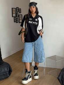 Coolane 女士春季街头休闲运动返校节撞色图案棒球衫宽松Polo衫 - 黑與白 - 查看 2