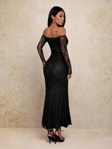SHEIN PETITE 女士纯黑色蕾丝单肩修身鱼尾约会派对连衣裙 - 黑色 - 查看 2