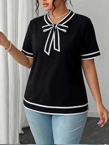 Arcane Artistry Plus Size Women's Elegant Contrast Trim Knot Collar Short Sleeve Top, Summer - Black and White - View 6