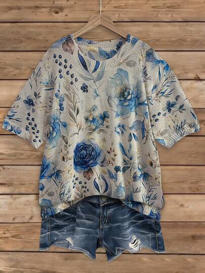 EMERY ROSE 大码女式3D数码立体夏季清爽蓝色花卉印花短袖针织上衣