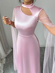 Elenzga Women's Hollow Out Stand Collar Dress - Pink - View 5