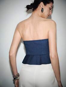 Lumivelle 女士春夏新款裹身式抹胸上衣，牛仔布质感面料，收腰设计，鱼骨纹理，优雅时尚的都市风上衣 - 寶藍色 - 查看 2