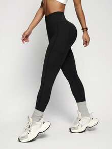 Velisys 2pcs Women's Solid Black & Leopard Print Compression Leggings, Ankle Length, Side Pockets, Suitable For Daily Casual Wear, Running, Yoga, Gym, Tennis, Golf - Black - View 5