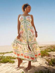 Travachic 大码女式热带植物印花连衣裙，吊带露腰宽松长裙，适合度假和日常穿着 - 彩色 - 查看 6