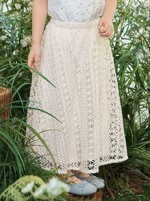 DAZY Young Girl Elastic Waist Lace Embroidered A-Line Skirt - Apricot - View 8