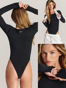 GLOWMODE FeatherFit™ Snap Into Sleek Long-Sleeve Non-Padded Thumbholes Snap Closure Crewneck Bodysuit Low Impact Yoga Pilates Studio Gym Daily Active Wear - Black - View 7