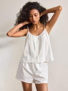 Ocili 女士纯色单排扣吊带背心和短裤睡衣套装 - 白色 - 查看 4
