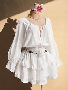 SHEIN ICON Đầm chữ A dáng xòe xếp ly, cổ chữ V, thắt eo, cỡ lớn, phong cách boho, thích hợp mặc đi nghỉ mát, mùa xuân. - Màu be - Xem 9