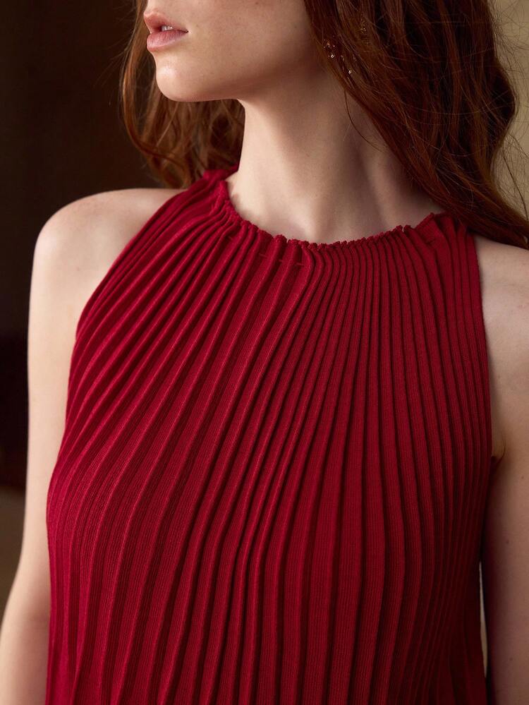 FRENCH STYLE ELEGANT RED KNIT TOP AND SKIRT SET FOR WOMEN