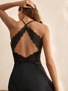 Charlaine Black Lace & Satin Patchwork Backless Criss-Cross Deep V Romantic French Style Elegant Sophisticated Women's Nightgown - Black - View 4