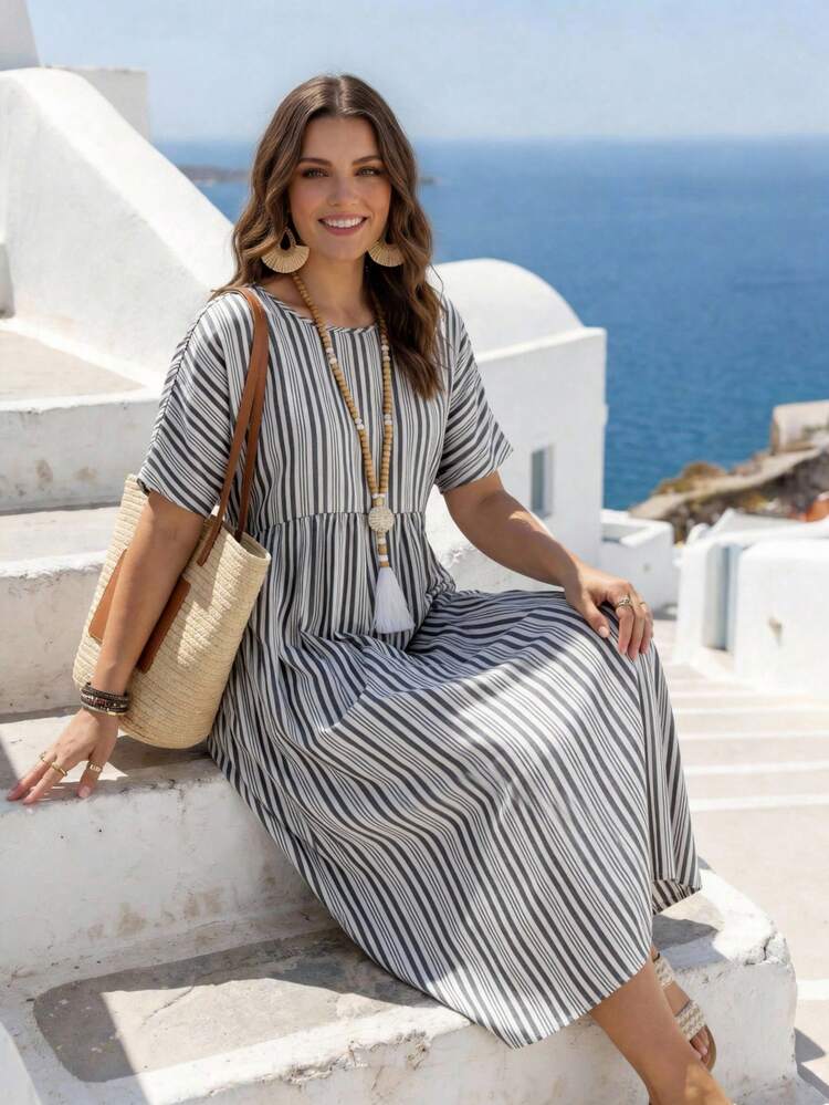 Plus Size Women's Summer Casual Vacation Country Striped Round Neck Short Sleeve Long Dress,Summer Holiday,Spring Break Outfits ,Vacation Outfits Women ,Holiday Outfits For Women,Going Out Outfits,2026 New Clothes,Simple And Fashionable For Everyday Wear,Suitable For Summer, Vacation, Daily Wear,Casual Dresses For Women,Flowy Dress , Long Summer Dress, Women Vacation Dress, Casual Long Dress,Beach Outfits For Women