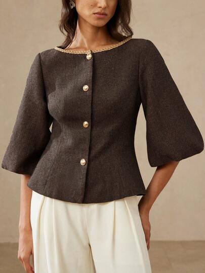 Aveloria Rosie Fashionable Minimalist Versatile Commuting Elegant Luxury Vintage Design Herringbone Splice Round Neck Cinched Waist Lantern Sleeve Women's Blazer