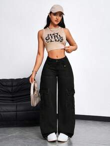 SHEIN ICON Women's Cargo Pocket Wide Leg Relaxed Casual Jeans - Black - View 6