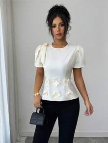 Selianne Asymmetrical Floral Bow Petal Sleeve Blouse,Pearls Decor Waist Linen-Like Fabric Top For Women,Off-White,Summer,Elegant,Tea Party 3d Flower - Apricot - View 7