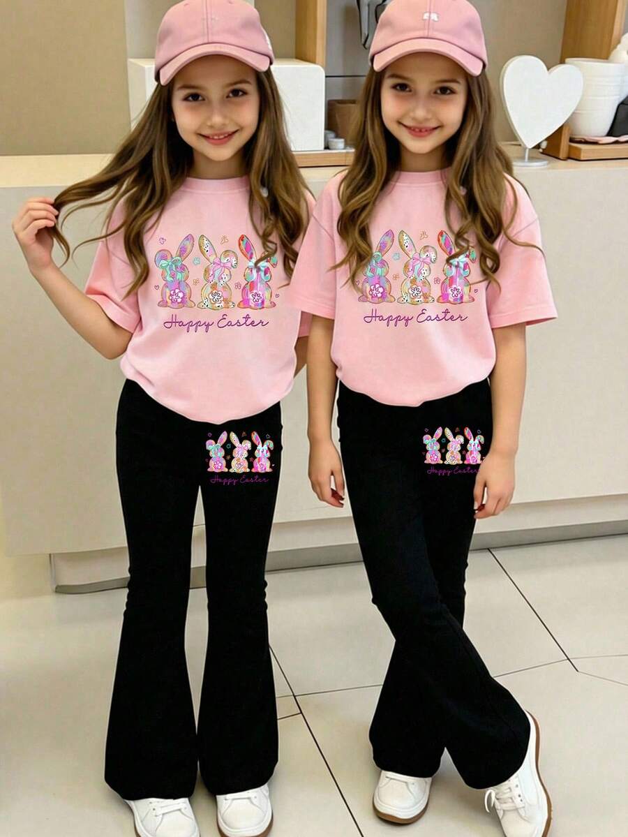 Conjunto de camiseta con estampado de conejito de Pascua y pantalones acampanados para niña - Multicolor - Ver 1