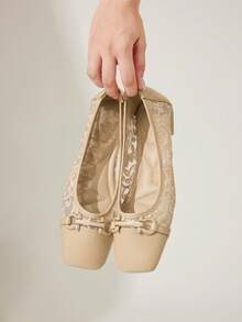 CUCCOO CHICEST 方头乐福鞋，软底，网眼拼接，搭扣装饰，时尚优雅百搭舒适平底杏色鞋 - 杏色 - 查看 12