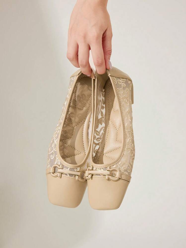 CUCCOO CHICEST Square Toe Loafers, Soft Sole, Mesh Patchwork, Buckle Decor, Fashionable Elegant Versatile Comfortable Slip-On Flat Apricot Shoes Wedding Shoes Spring Shoes Bride Shoes