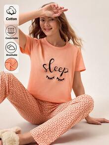 100% Cotton 2Pcs Eye&Heart Printed Short Sleeved Shirt &Long Heart Pattern Sleep Pants PJ Set - Coral Orange - View 1