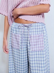 Nöista Wide-Leg Pants With Blue Gingham Print With Contrasting Lavender Checkered Front Pockets. The Elastic Waistband With Drawstring For Adjustable On Waist. Casual, Loungewear, Spring, Summer, Easter; - Blue - View 5