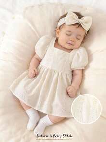 Cozy Pixies Baby Girl Cream White,Summer,Elegant,Baby Shower Vintage Style Puff Sleeve Dress,Solid Round Neck Cinched Waist Tea Party Outfit Ivory Casual Dress - Multicolor - View 1