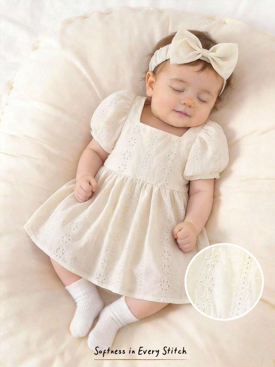 Cozy Pixies Baby Girl Cream White,Summer,Elegant,Baby Shower Vintage Style Puff Sleeve Dress,Solid Round Neck Cinched Waist Tea Party Outfit Ivory Casual Dress - Multicolor - View 1