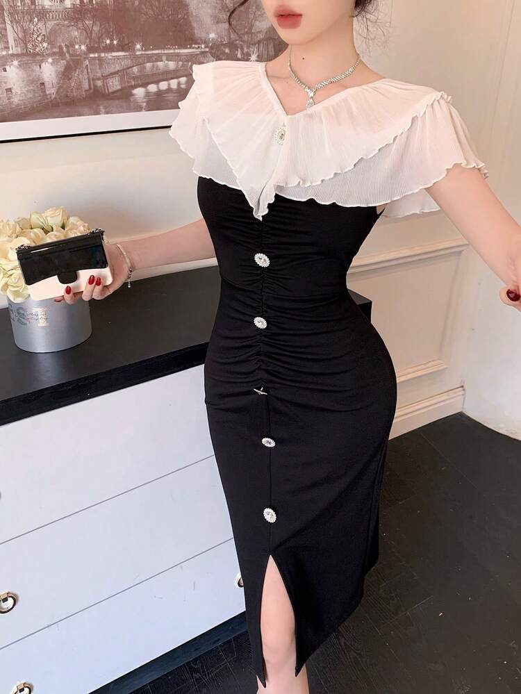 Women's Color Block Ruffle Hem Split Elegant Mid-Length Dress Sundress Summer