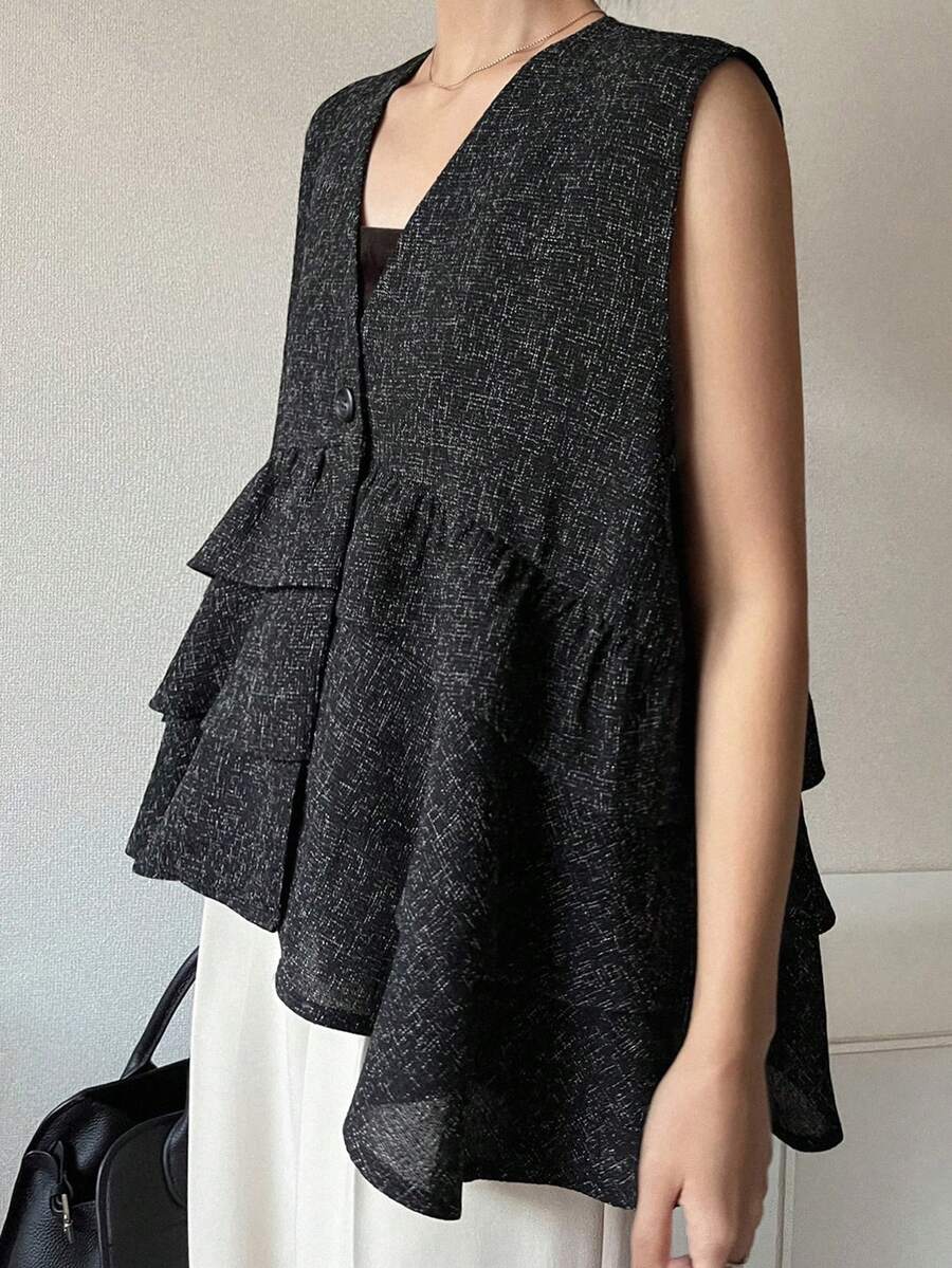 FRIFUL Chaleco/chaqueta de mujer con cuello en V, abotonadura sencilla y dobladillo con volantes en capas - Negro - Ver 1