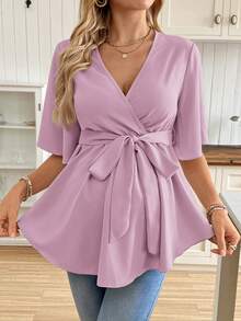 SHEIN Áo sơ mi cổ chữ V màu trơn dáng rộng mùa hè dành cho bà bầu, có thắt lưng. - Màu tím hoa cà - Xem 5