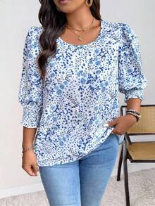 SHEIN PETITE Plus Size Women Casual Fitted Round Neck Ditsy Floral 3/4 Sleeve Blouse ,Petite Women - Blue and White - View 6