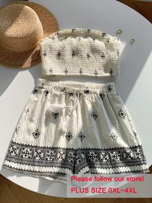 Comfortcana 大码女式褶皱抹胸上衣配荷叶边下摆短裤两件套，休闲夏季装 - 彩色 - 查看 5