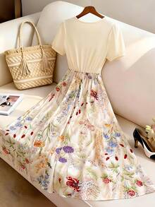 GlowEve 女士纯色杏色拼接花卉图案二合一收腰A字休闲优雅迷人日常音乐节海滩通勤性感时尚约会法式街头复古百搭春夏杏色多色新款短袖中长连衣裙 - 彩色 - 查看 2