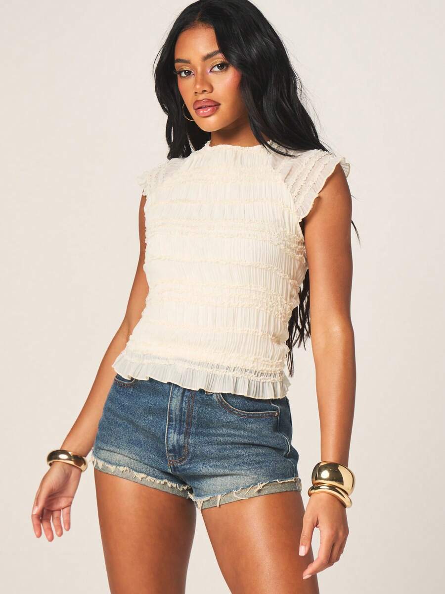 MISSGUIDED 女士荷叶边袖褶皱白色高领衬衫，褶皱纹理设计，适合春夏休闲优雅的女性风格 - 香檳色 - 查看 1