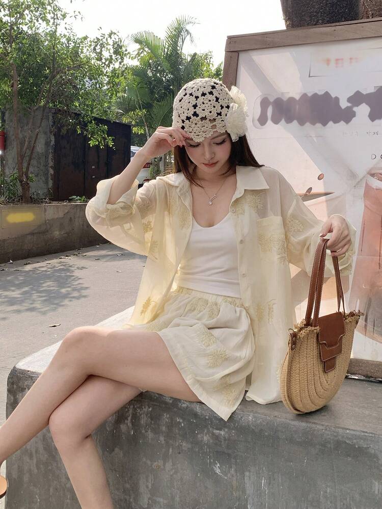 Women's Pocket Design Drop Shoulder Single-Breasted Shirt And Shorts Casual 2 Pieces Set