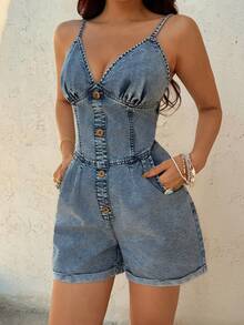SHEIN Women's Vacation Button Design Sexy Spaghetti Strap Denim Jumpsuit - Blue - View 5