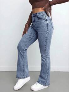 SHEIN Tall Quần jeans nữ dáng ôm vừa vặn, co giãn, ống loe, thích hợp cho nữ cao, thích hợp mặc vào đêm giao thừa và Giáng sinh. - Rửa nhẹ - Xem 6