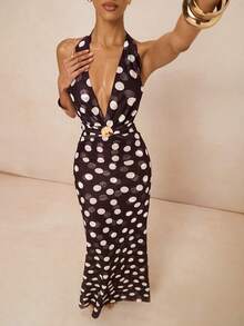 Lumalex 女士波点深V领露背性感连衣裙 - Bold Plum - 查看 9