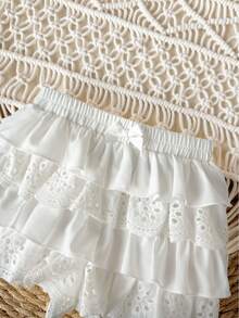 Shorts blancos con volantes y cintura elástica, lindos para bebé niña, de verano - Blanco - Ver 5