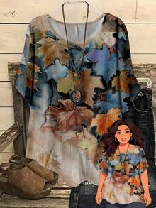 Rusticease Plus Size Women's Vintage Country Maple Leaf Pattern Positioning Print Crew Neck Raglan Sleeves Loose Shirt,Summer Outfits For Women Chic Blouses For Women,Flower/Vacation/Spring - Multicolor - View 1