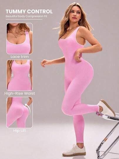 Sovereign Charm Women's Seamless Pink Sports Jumpsuit, Sleeveless Ruffle Design, Outdoor Exercise, Fitness, Yoga, Running Pants
