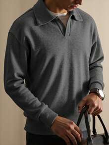 Manfinity Homme 男士纯色休闲百搭日常长袖Polo衫 - 深灰色 - 查看 2