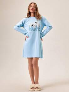Loomlin Robe de nuit en coton à manches longues et col rond avec imprimé koala pour femmes, vêtement d'intérieur - Bleu azur - Voir 3