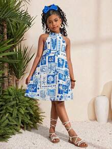 Travachic KIDS Tween Girls' Summer Vacation Casual Floral Print Sleeveless Dress - Blue - View 6