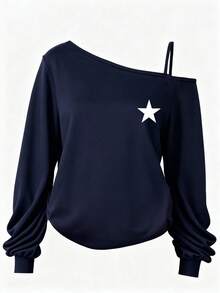 Girlism Teen Girls Casual Asymmetric Shoulder Strap Long Sleeve T-Shirt, Suitable For Summer, Casual, Sports, School - Navy Blue - View 4