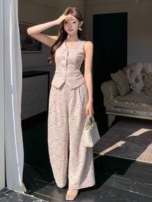 DAZY Women's Elegant Textured Faux Pocket V-Neck Vest And Wide Leg Pants 2-Piece Set, Spring/Summer - Pink - View 8