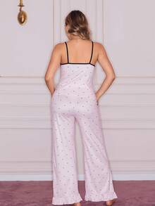 SHEIN Kontrast-Farben Spitze Patchwork V-Ausschnitt Trägerhemd, süßes INS Herz Muster Damen Pyjama Set mit Rüschen Saum Hose - Babypink - Übersicht 2