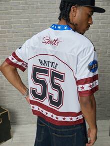 GALLERY FADE 男士大号印花数字“55”印花V领短袖宽松镂空款T恤 - 白色 - 查看 6