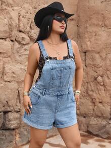 SHEIN Unity Bộ jumpsuit denim dáng rộng, đa năng, có túi, dành cho nữ cỡ lớn, phong cách Y2K, thích hợp mặc hàng ngày. - Rửa nhẹ - Xem 5
