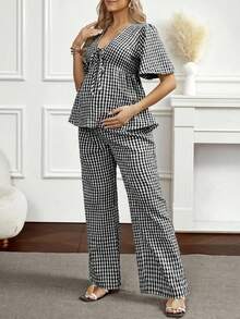 SHEIN 2pcs Set: Lace-Up Plaid Blouse & Wide Leg Pants - Black - View 3